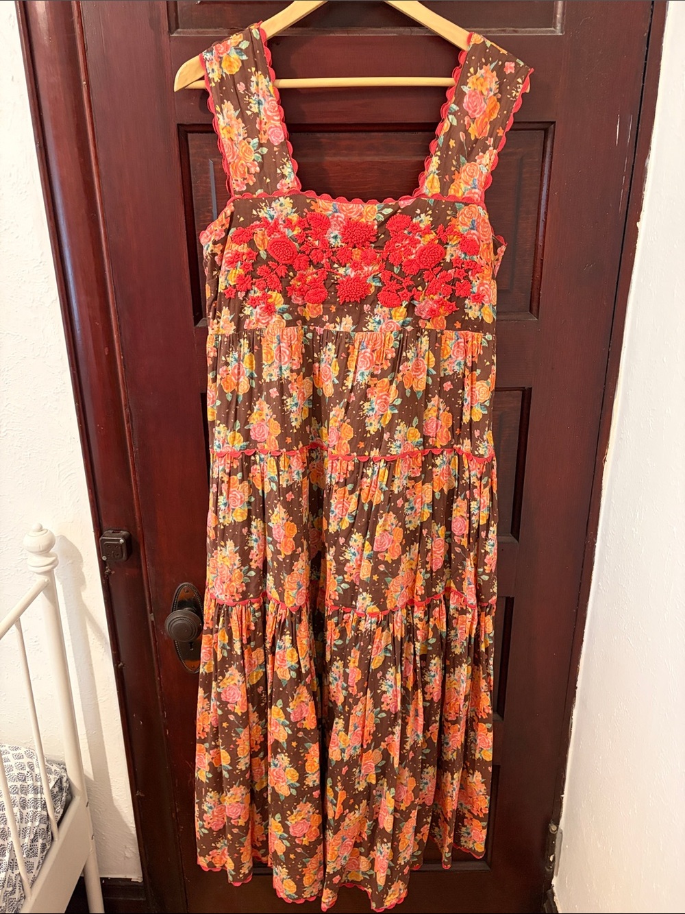 Boho Floral Brown Maxi Dress with Red Embroidered Bodice